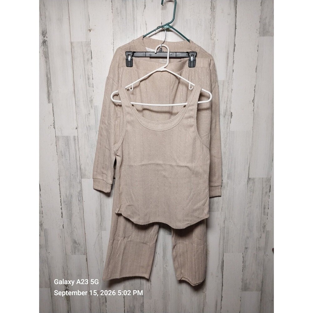 Live 2 Lounge Women's 3-Piece Cable Knit Textured Lounge Set, Tan, Size Large